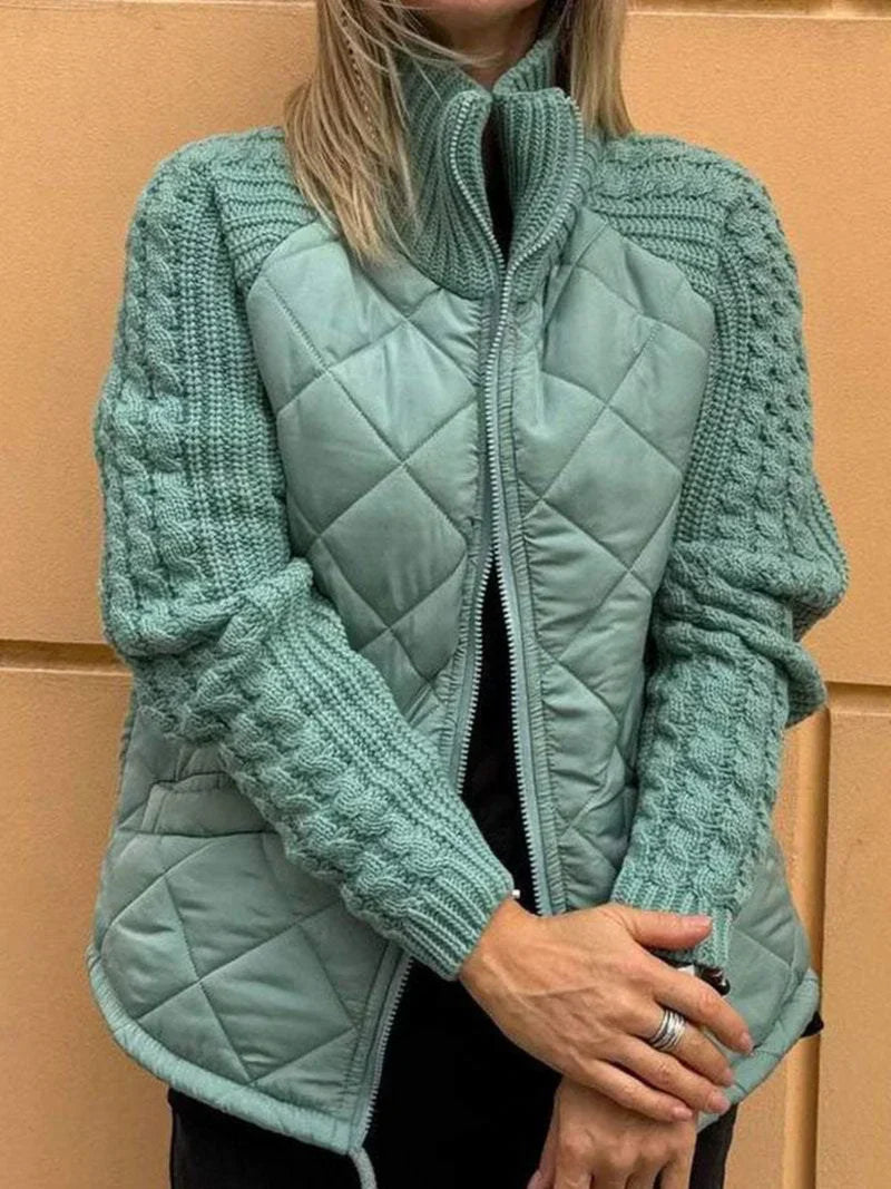 Women's quilted jacket funnel neck zip-front textured sleeves lightweight cozy layering piece