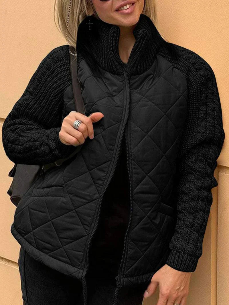 Women's quilted jacket funnel neck zip front textured sleeves lightweight cozy layer fall winter