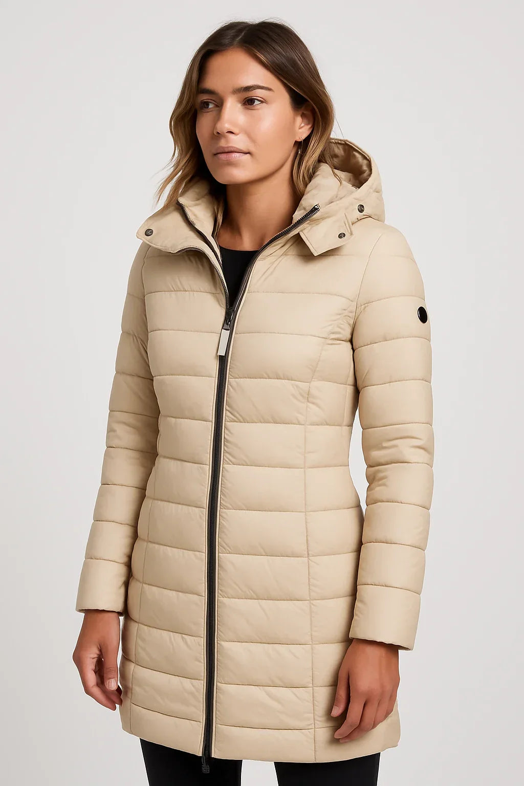 Women's mid-length quilted puffer coat with detachable hood, warm stylish outerwear