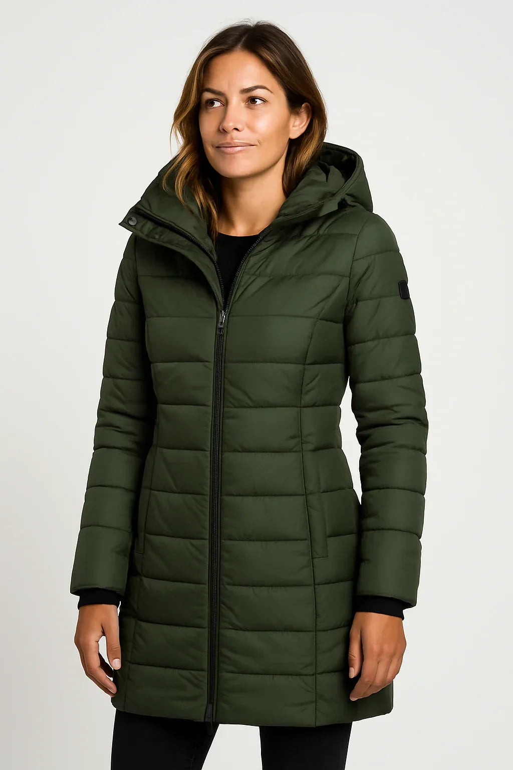 Women's mid-length quilted puffer coat with detachable hood, warm stylish outerwear