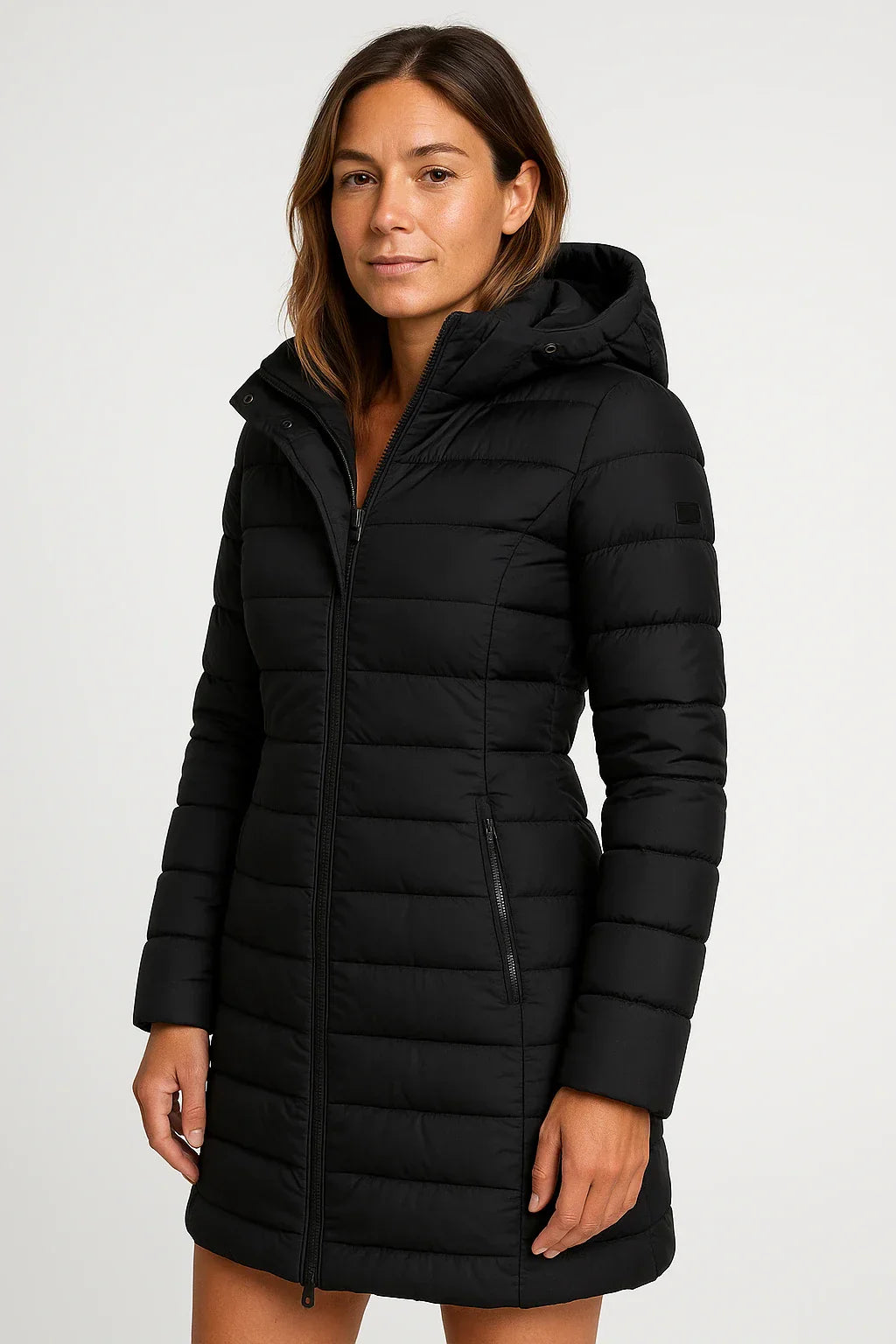 Women's mid-length quilted puffer coat with detachable hood, warm stylish winter outerwear