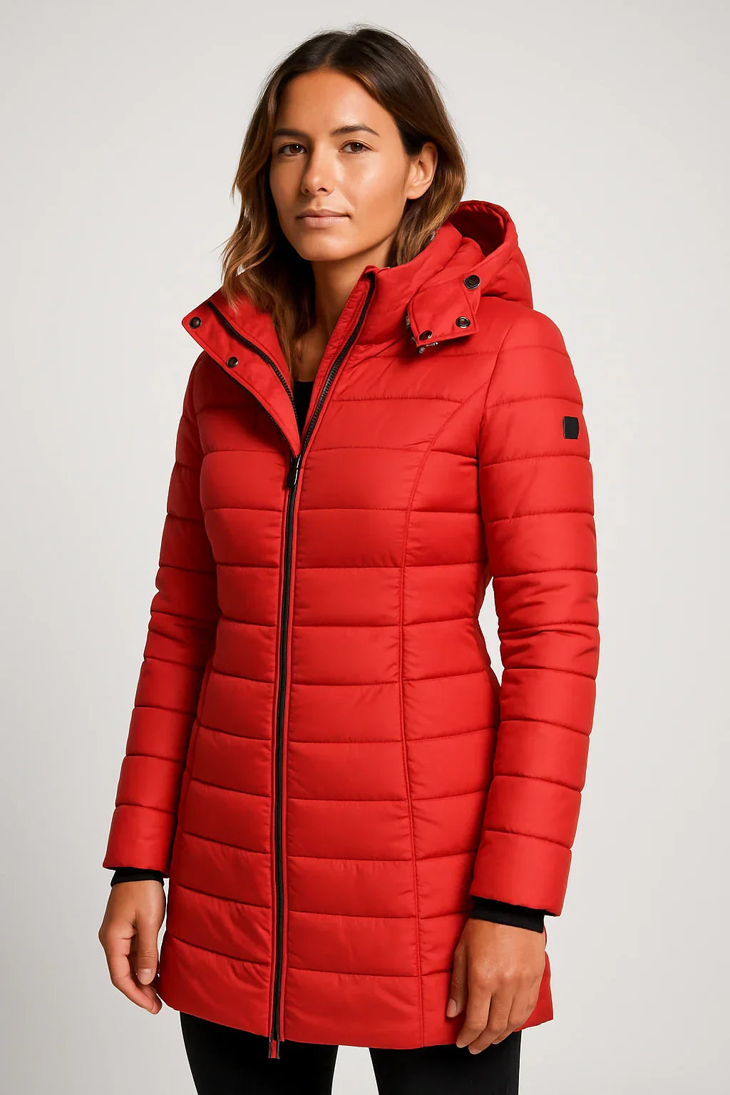 Women's mid-length quilted puffer coat with detachable hood, warm stylish outerwear