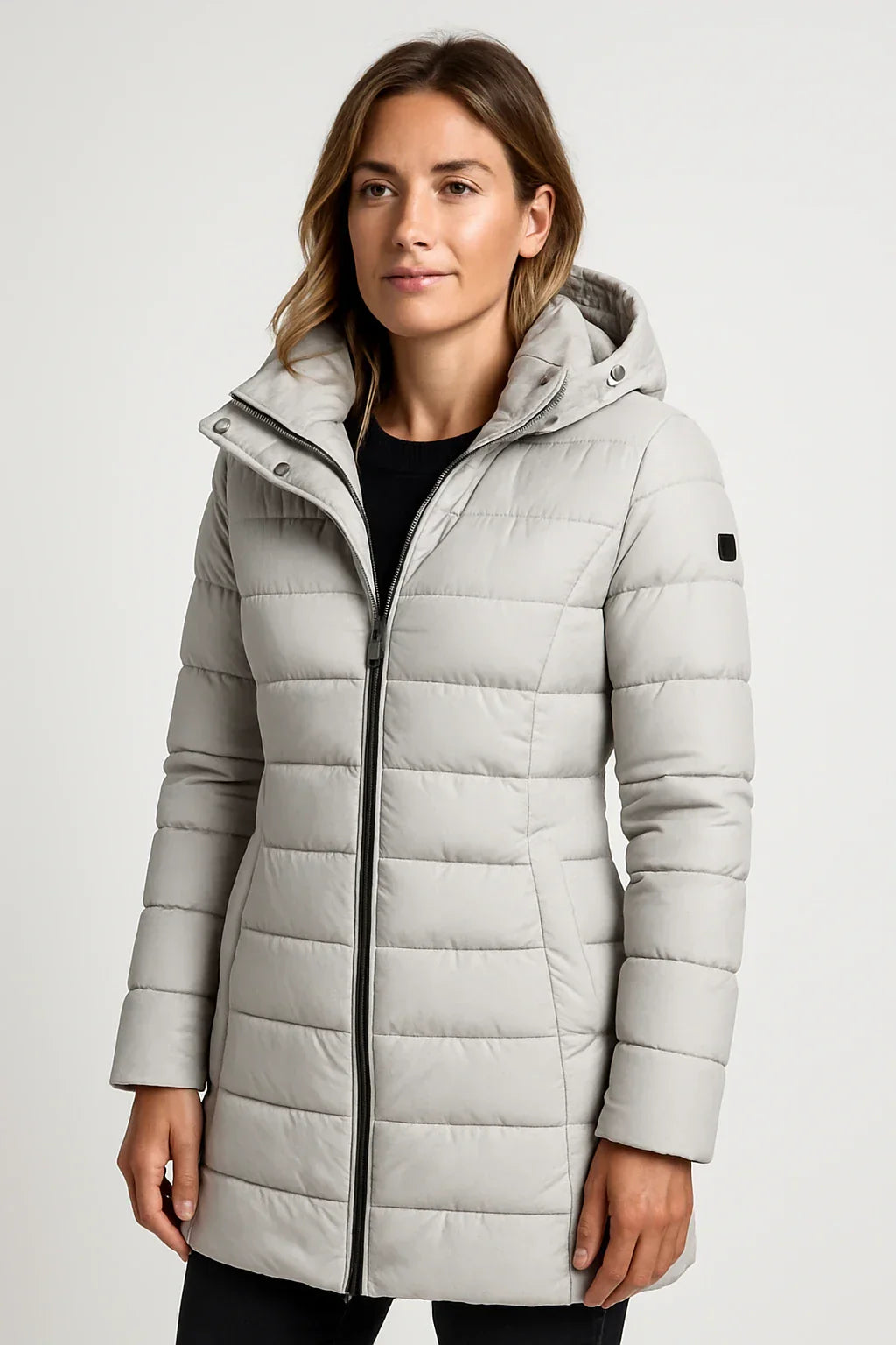 Women's mid-length quilted puffer coat with detachable hood, warm stylish outerwear