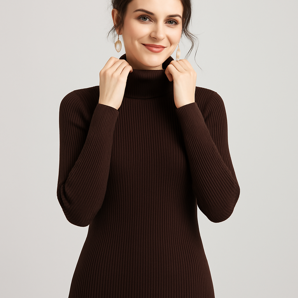 Women's slim fit ribbed turtleneck sweater, long sleeves, folded collar, textured knit, chic everyday warmth