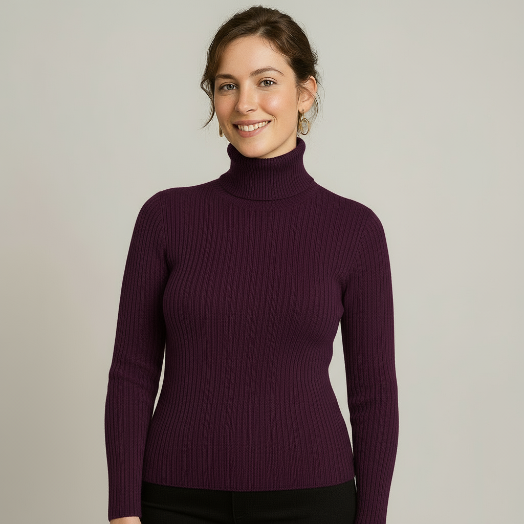 Women's slim-fit ribbed turtleneck sweater with folded collar, long sleeves, timeless chic knit warmth
