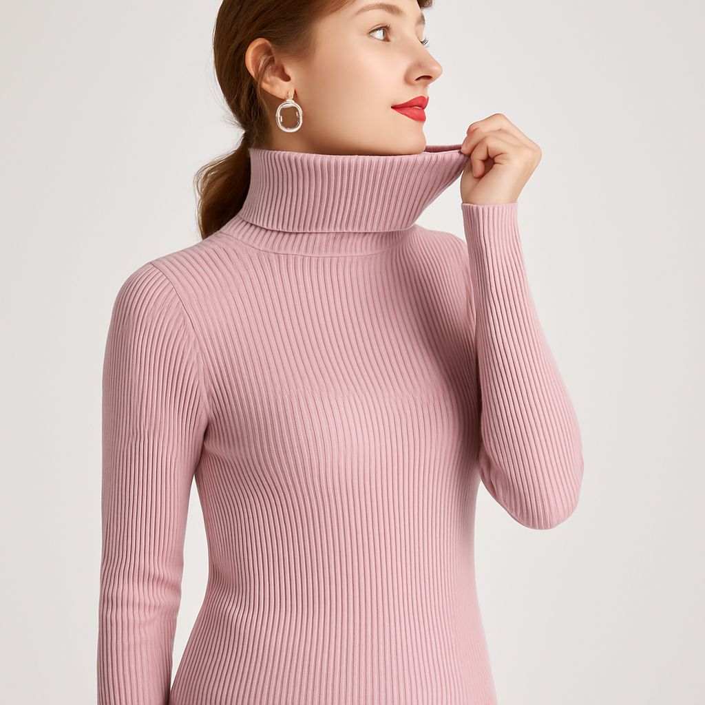 Women's slim fit ribbed turtleneck sweater with folded collar, long sleeves, textured knit timeless chic
