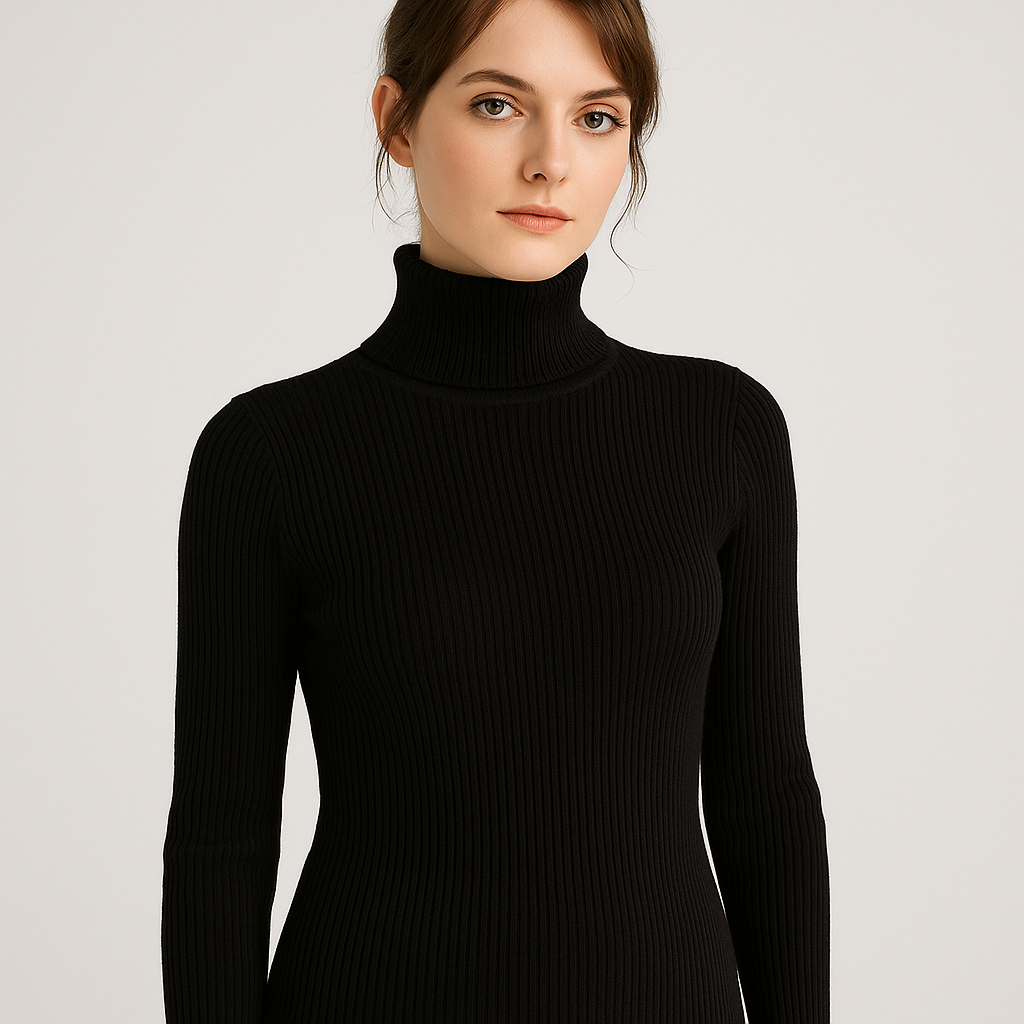 Women's slim-fit ribbed turtleneck sweater with folded collar, long sleeves, textured knit, timeless chic style