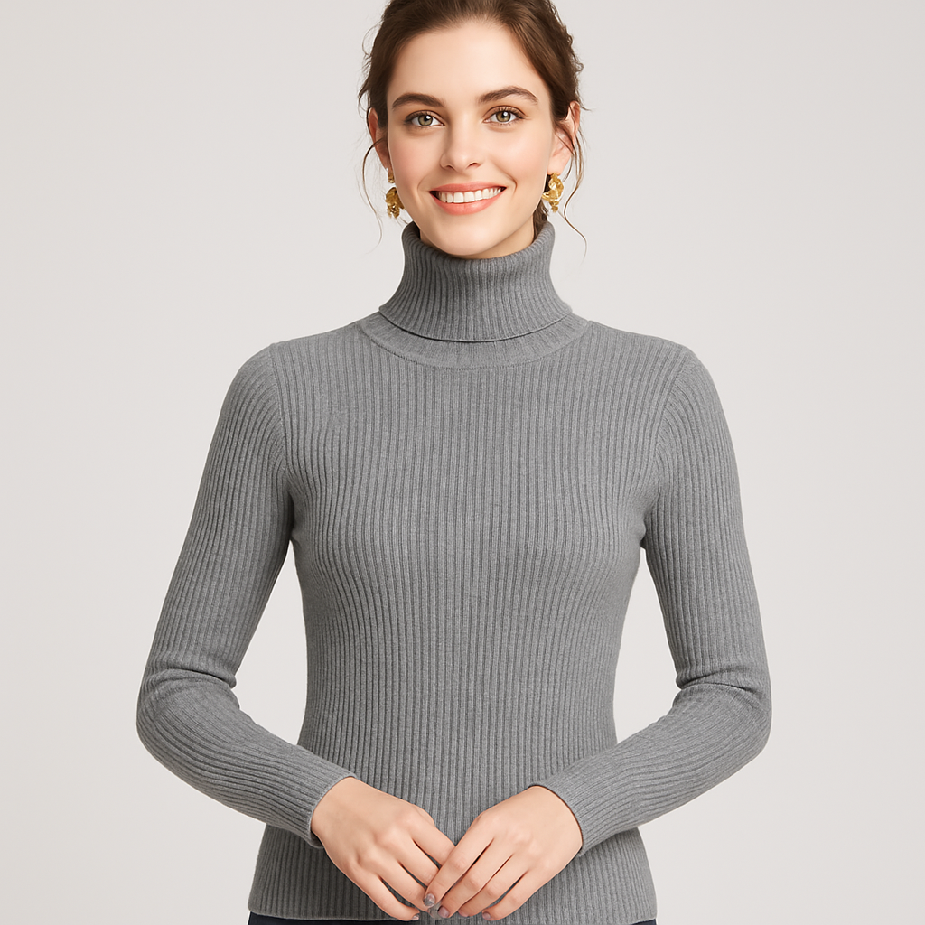 Women's slim fit ribbed turtleneck sweater with folded collar, long sleeves, textured knit warmth