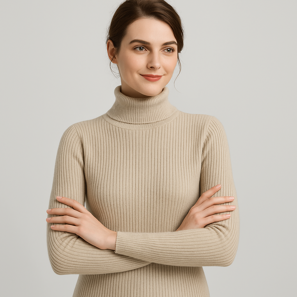 Women's slim fit ribbed turtleneck sweater with folded collar, long sleeves, textured knit, timeless chic style
