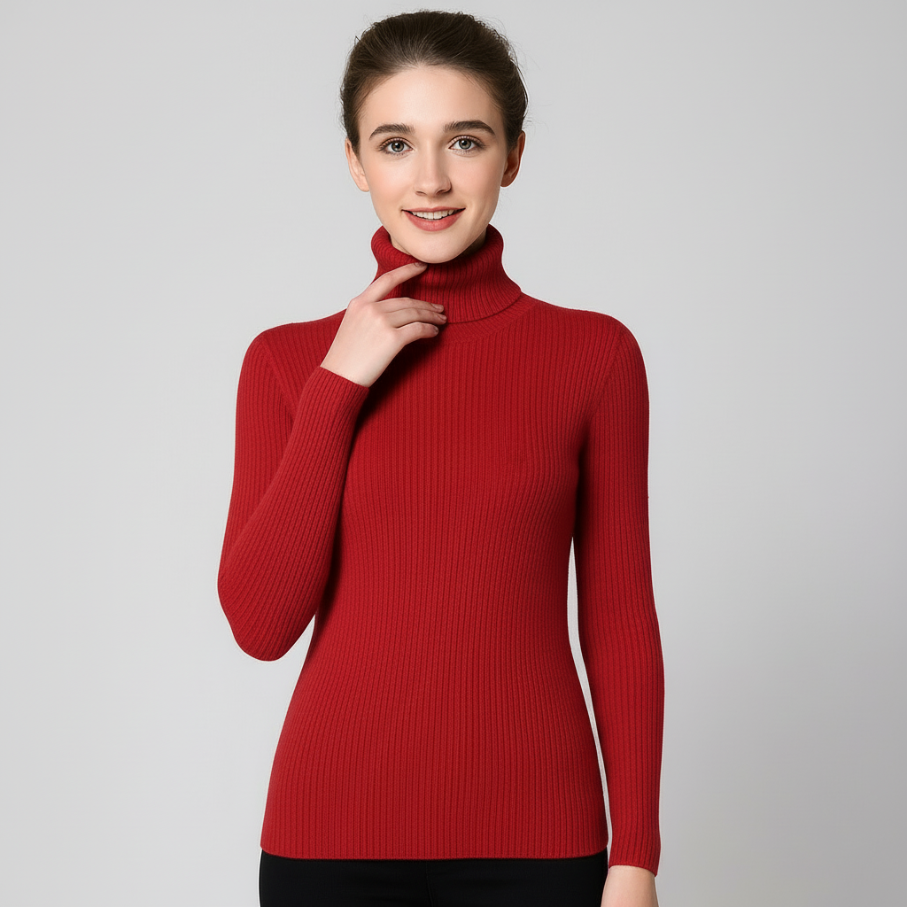 Women's slim-fit ribbed turtleneck sweater with folded collar, long sleeves, timeless chic knit warmth