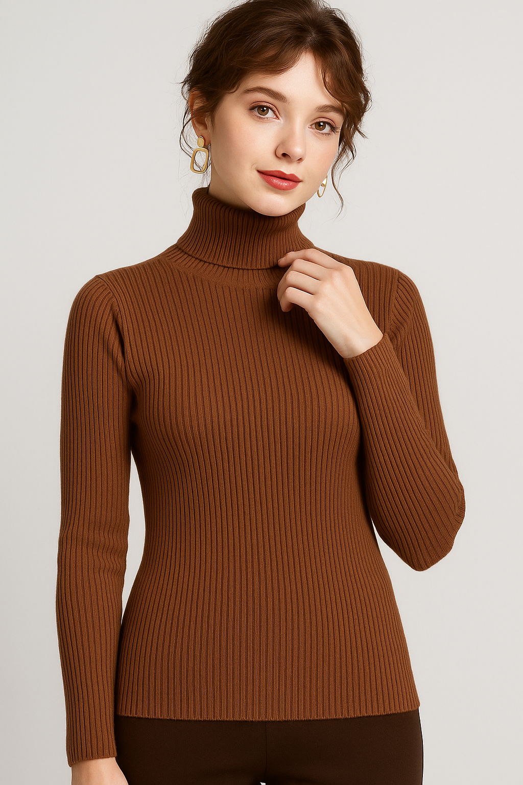 Women's slim fit ribbed turtleneck sweater with folded collar, long sleeves, textured knit, timeless chic