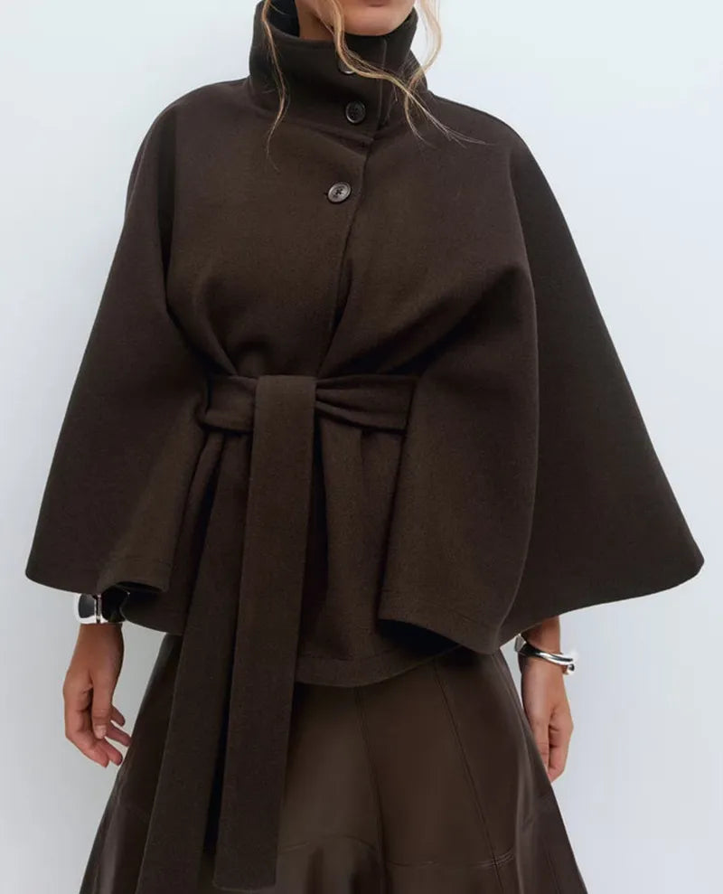 Women's spring belted high-neck cape coat in neutral tone, figure-flattering silhouette