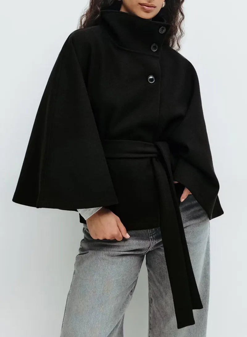 Women's spring belted high-neck cape coat in neutral tone, figure-flattering silhouette