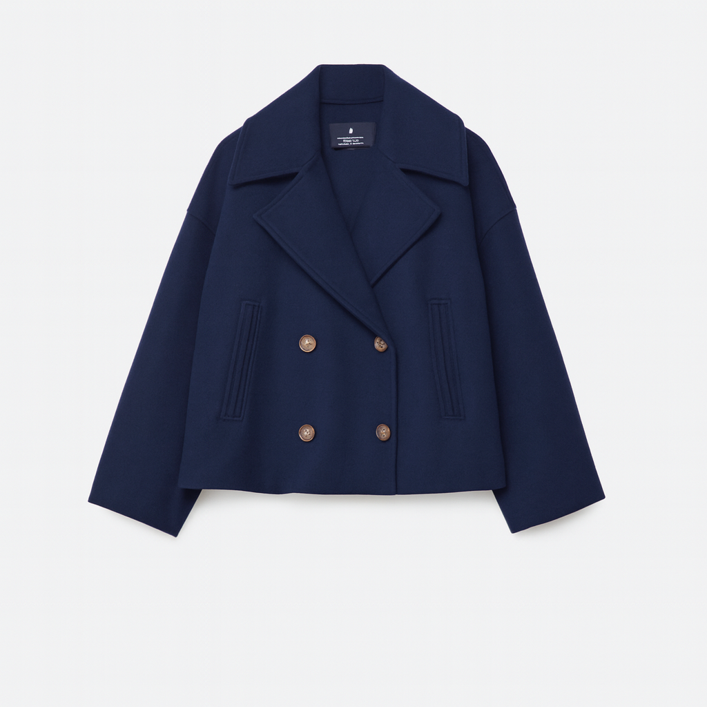 Women's cropped boxy short coat wide lapels double-breasted button front dropped shoulders modern fit