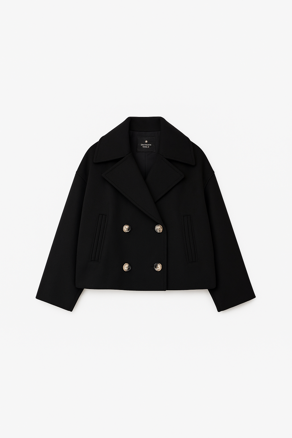 Women's cropped boxy short coat wide lapels double-breasted button front dropped shoulders modern fit