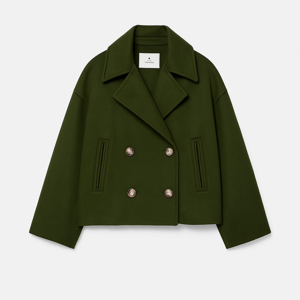 Women's cropped boxy short coat wide lapels double-breasted button front dropped shoulders modern fit