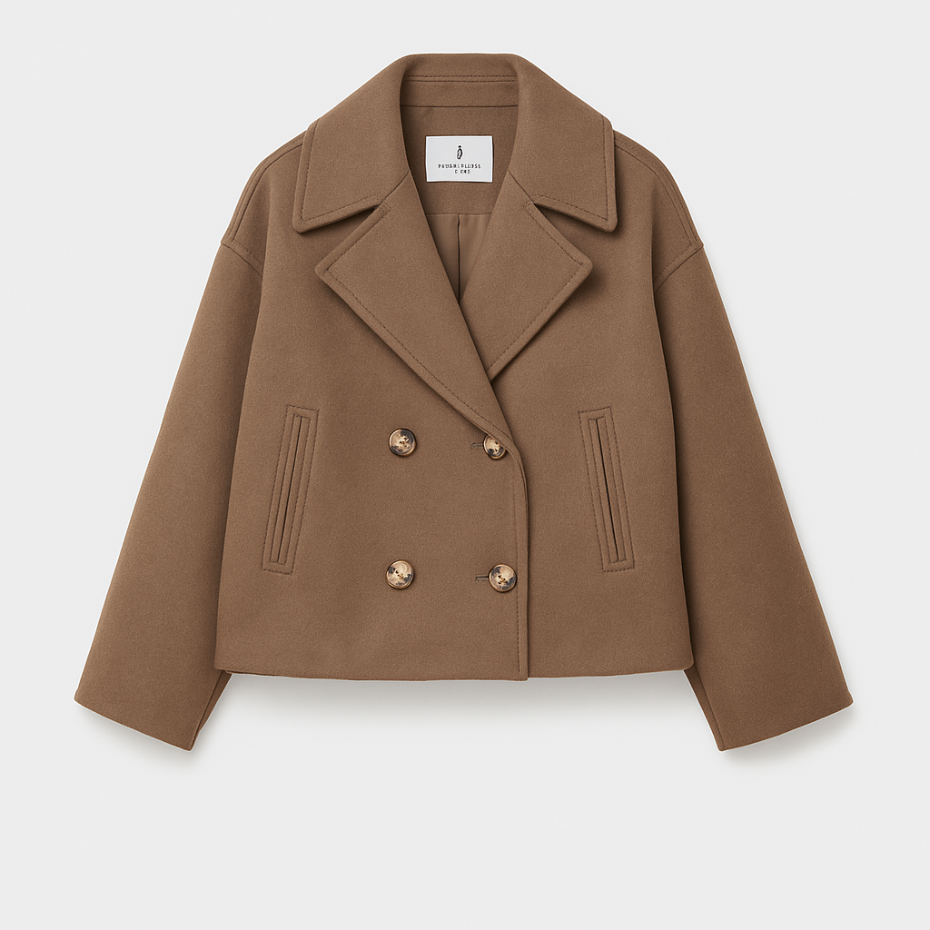 Women's cropped boxy short coat wide lapels double-breasted button front dropped shoulders modern fit
