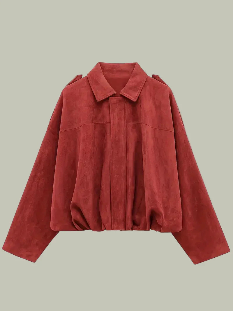 Women's faux suede short oversized jacket relaxed fit with elasticated hem, everyday chic style