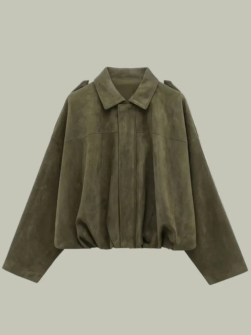 Women's faux suede short oversized jacket relaxed fit with elasticated hem, everyday chic style