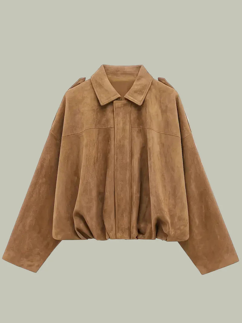 Women's faux suede short oversized jacket relaxed fit with elasticated hem, everyday chic style