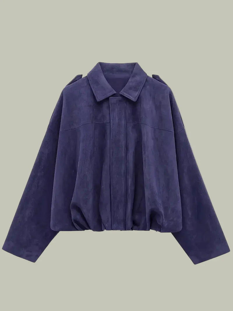 Women's faux suede short oversized jacket relaxed fit with elasticated hem, everyday chic style