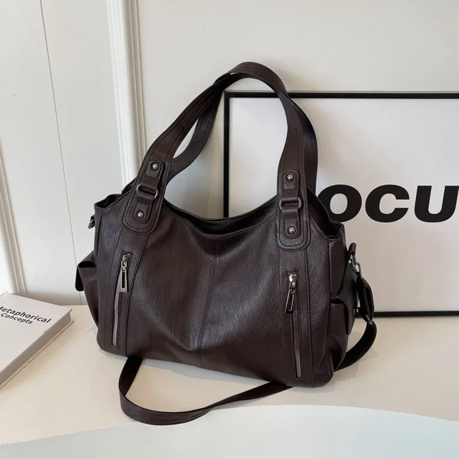 Women's zip-top shoulder tote bag with detachable crossbody strap and front pockets, everyday carry