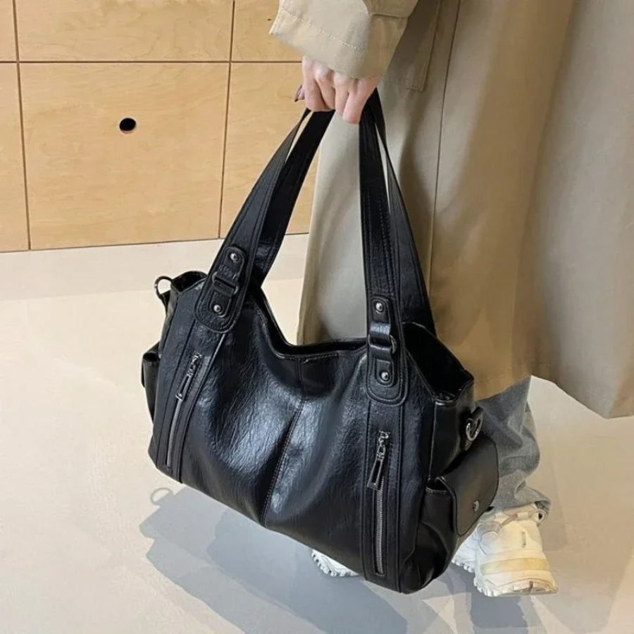 Women's zip-top shoulder tote bag with detachable crossbody strap and front pockets, versatile everyday carry