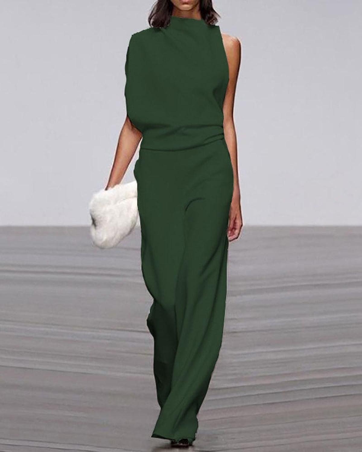 Women's black high neck jumpsuit asymmetrical shoulder structured silhouette elegant formal chic