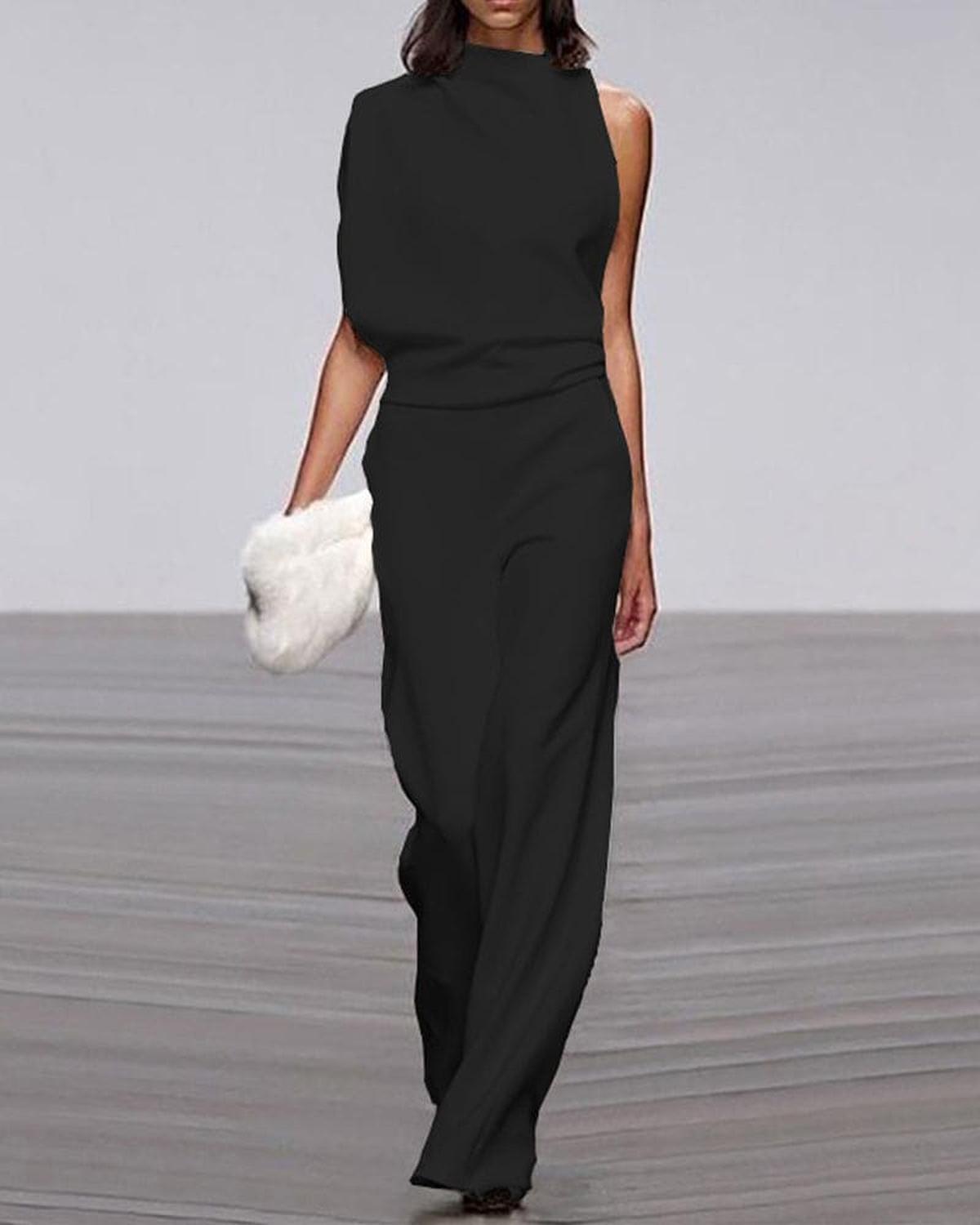 Women's black high neck jumpsuit asymmetrical shoulder structured silhouette elegant formal fashion