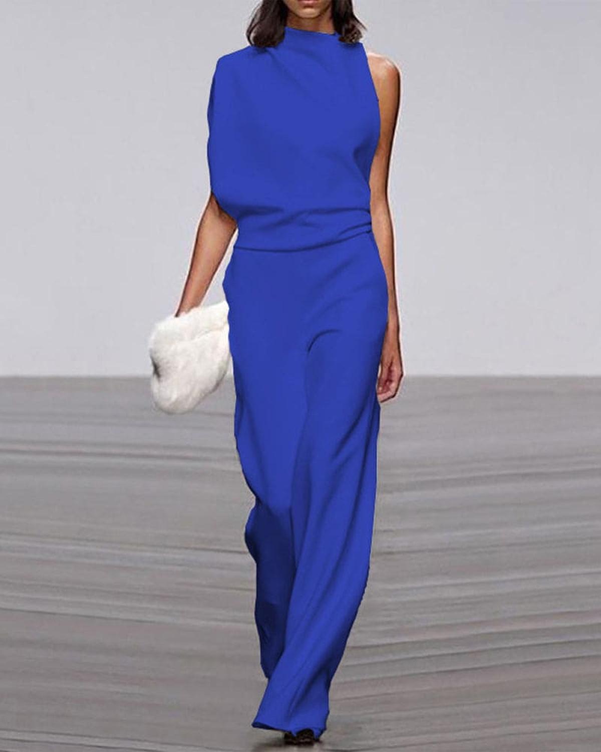 Women's black high neck jumpsuit with asymmetrical shoulder cut and structured silhouette for formal events