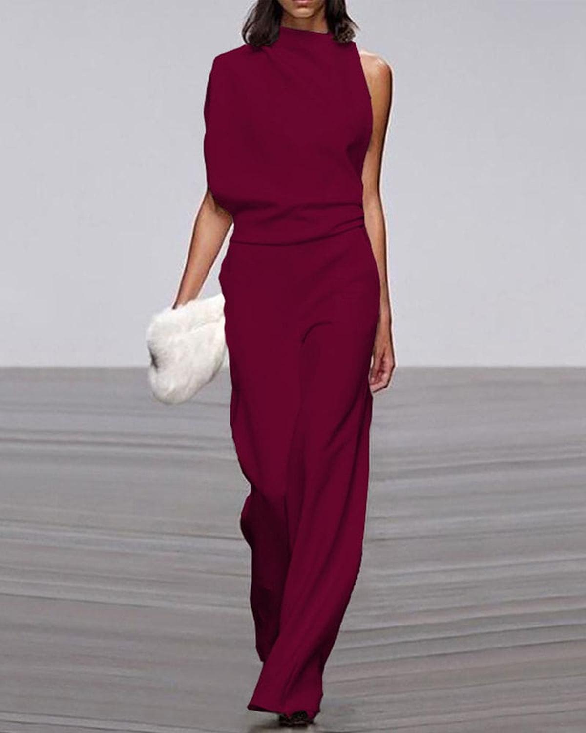 Women's black high neck jumpsuit asymmetrical shoulder structured silhouette elegant formal style