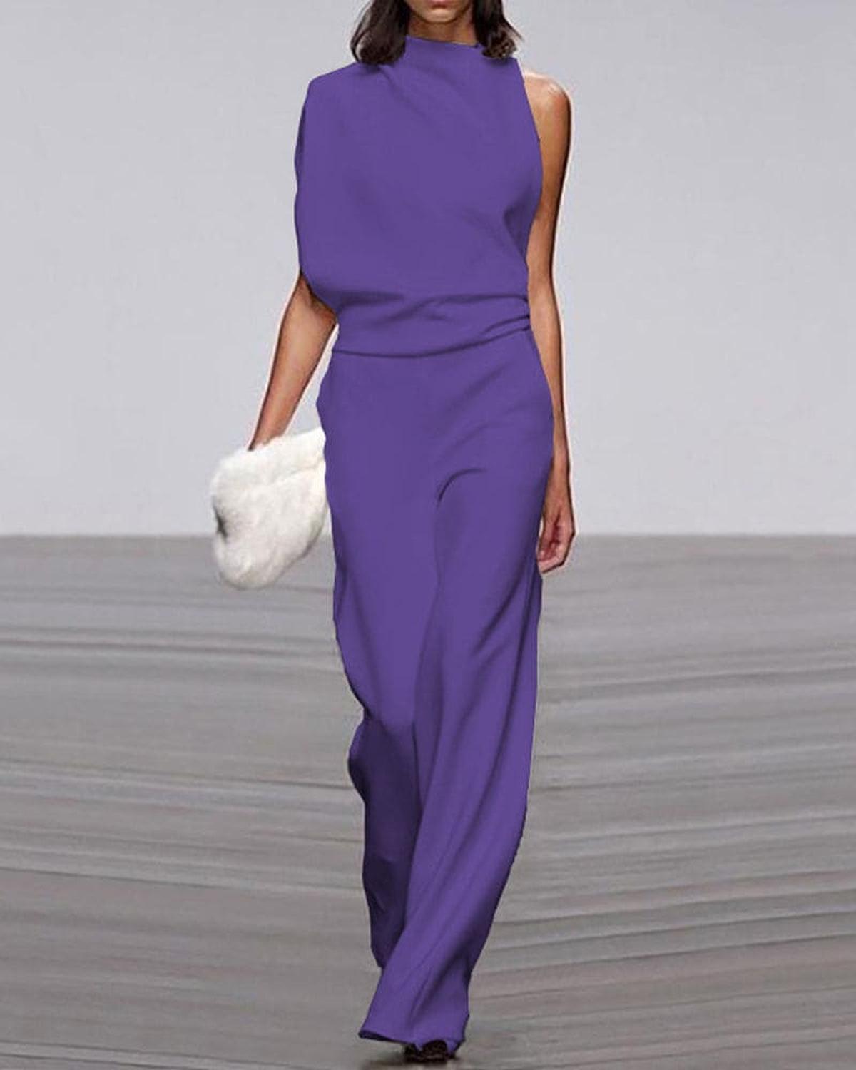 Women's black high neck jumpsuit asymmetrical shoulder structured silhouette elegant formal style