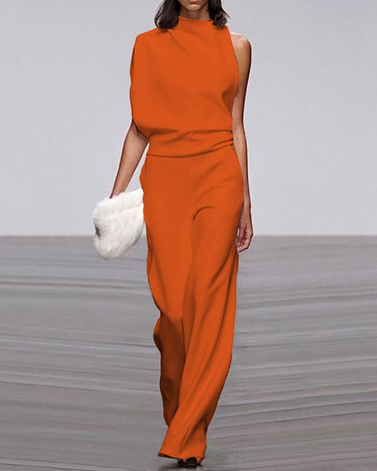 Women's black high neck jumpsuit with asymmetrical shoulder cut and structured silhouette for formal events