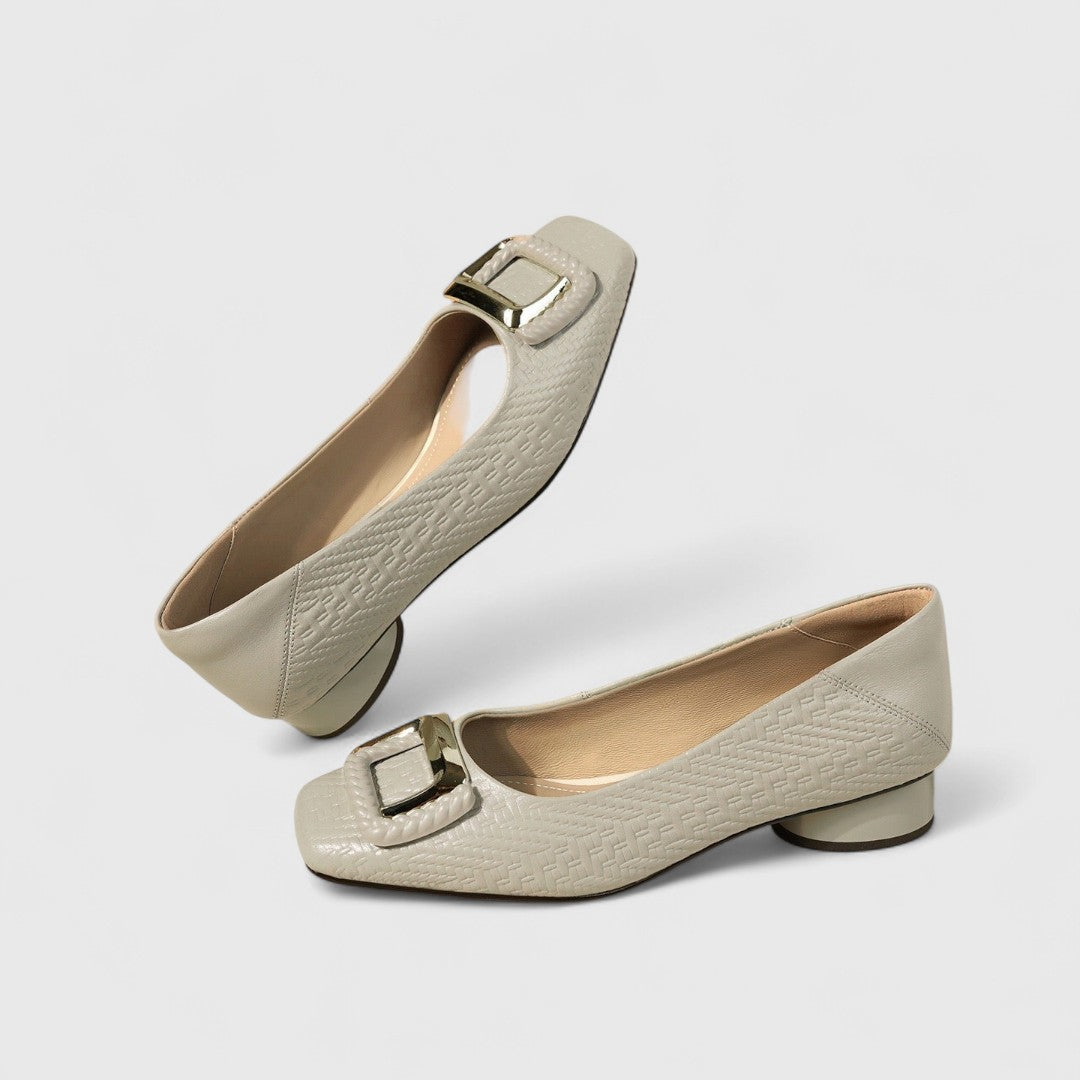 Women's square-toe low heels textured finish bold gold buckle accent work evening wear