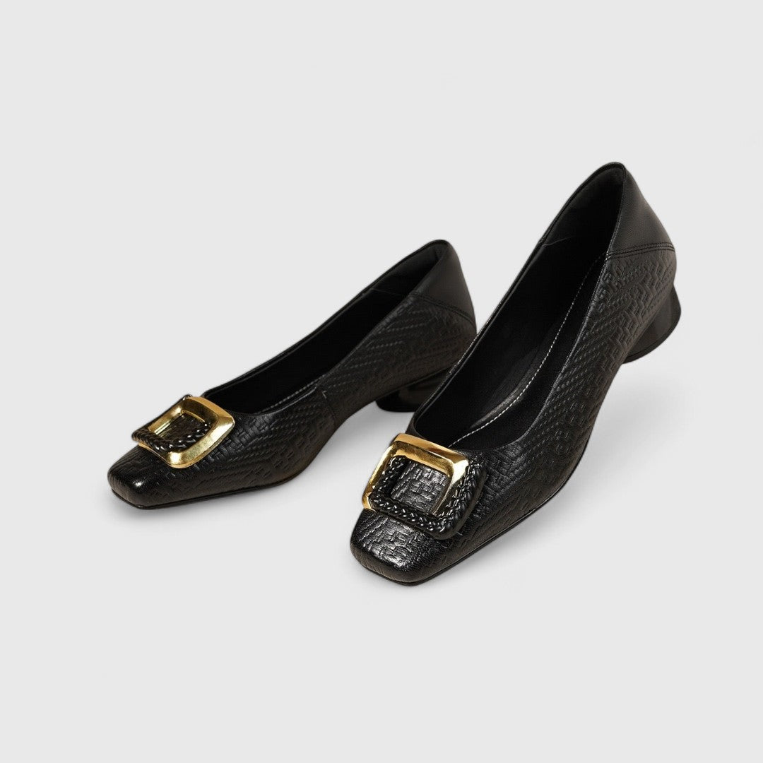 Women's square-toe low heels textured finish bold gold buckle detail work evening wear