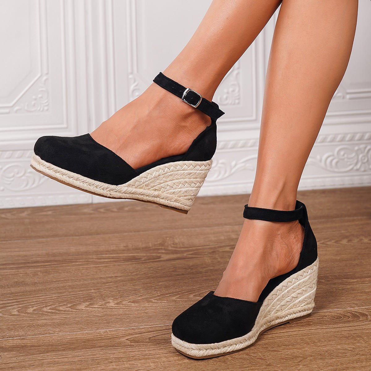 Women's closed toe wedge sandals with ankle buckle strap in neutral tone, casual-chic everyday style