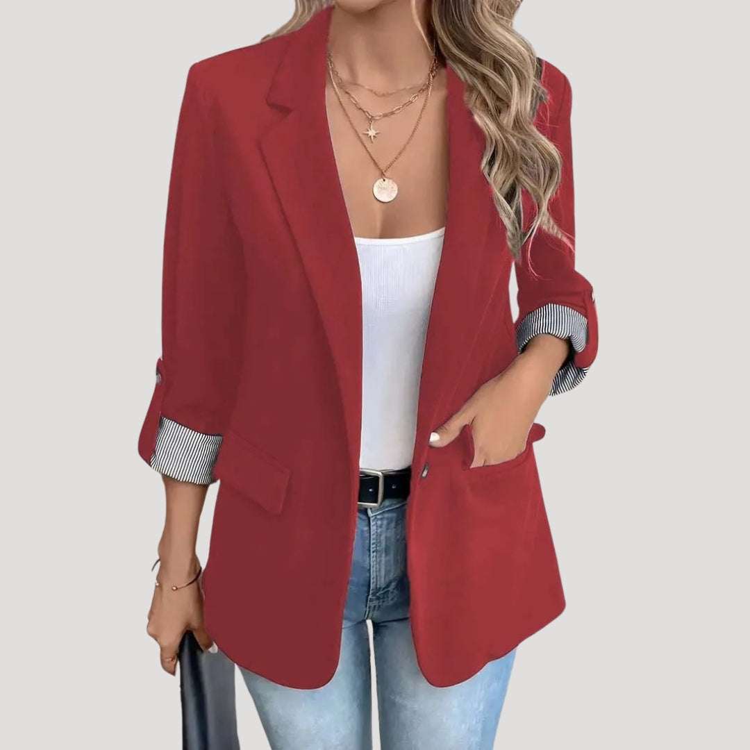 Women's tailored single-breasted blazer roll-up sleeves structured silhouette smart casual officewear
