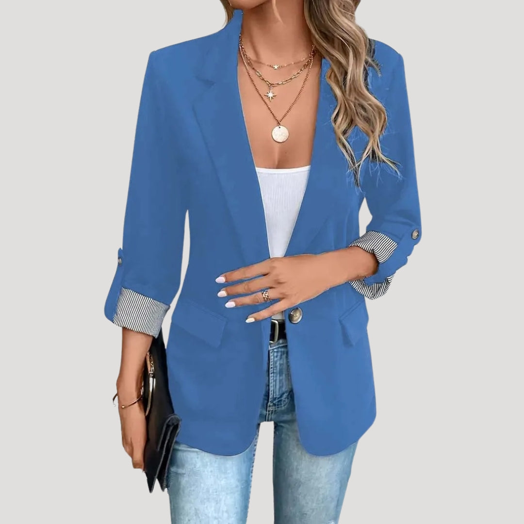 Women's tailored single-breasted blazer with roll-up sleeves, structured silhouette for smart casual officewear