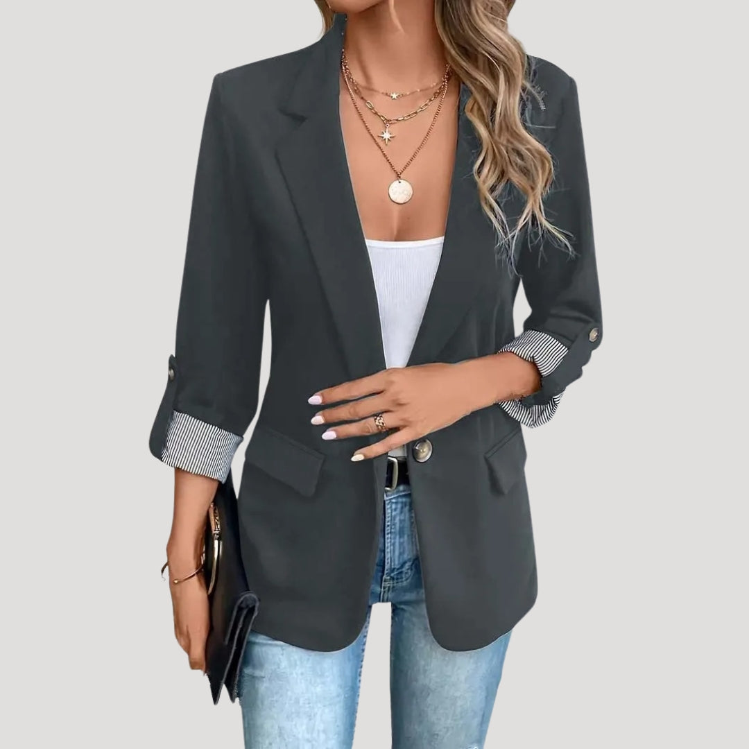 Women's tailored single-breasted blazer with roll-up sleeves, structured silhouette for smart casual officewear