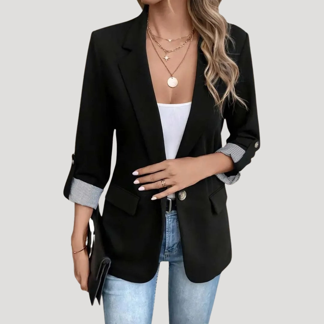 Women's tailored single-breasted blazer with roll-up sleeves, structured silhouette for smart casual officewear