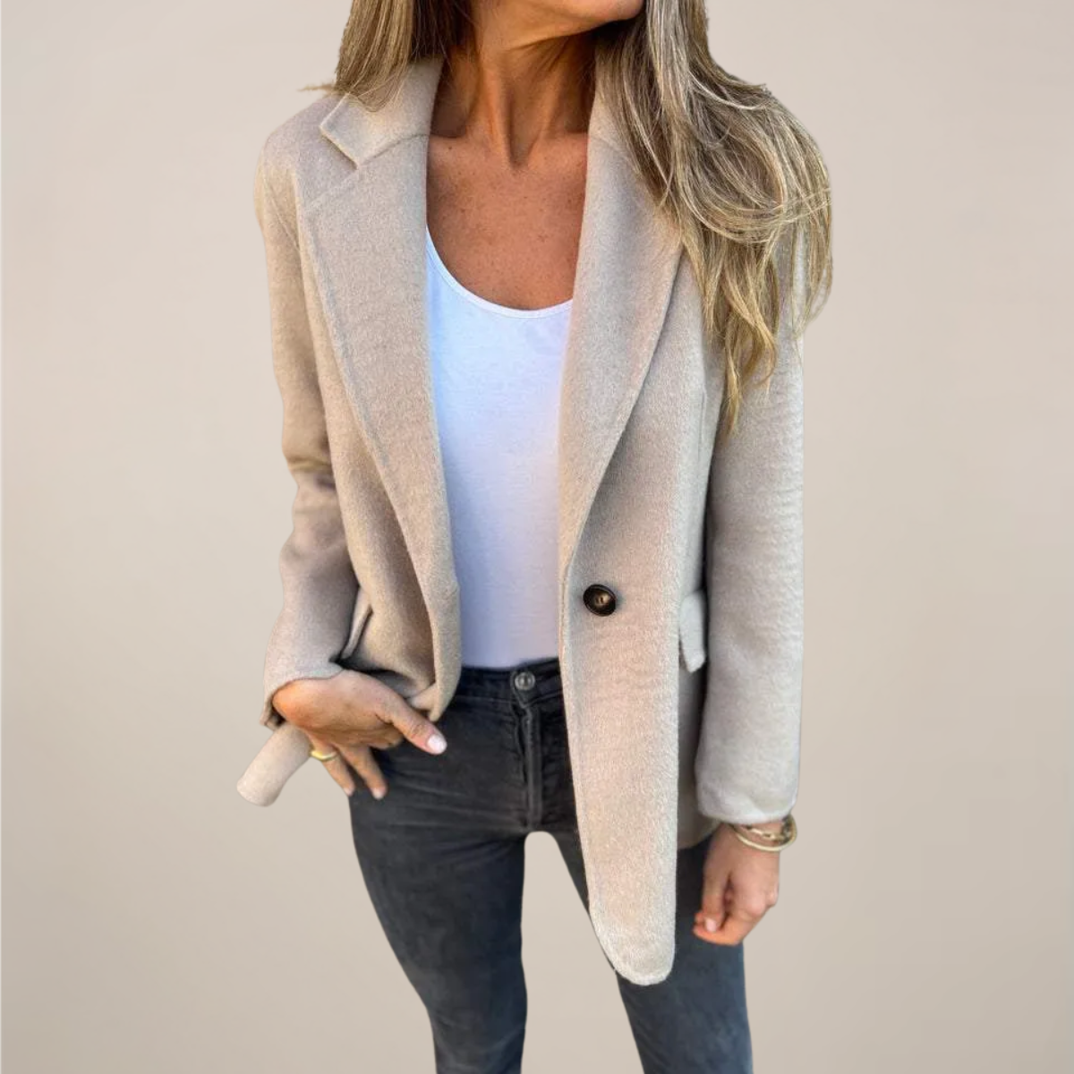 Women's tailored blazer jacket single button notch lapel flap pockets slim professional workwear