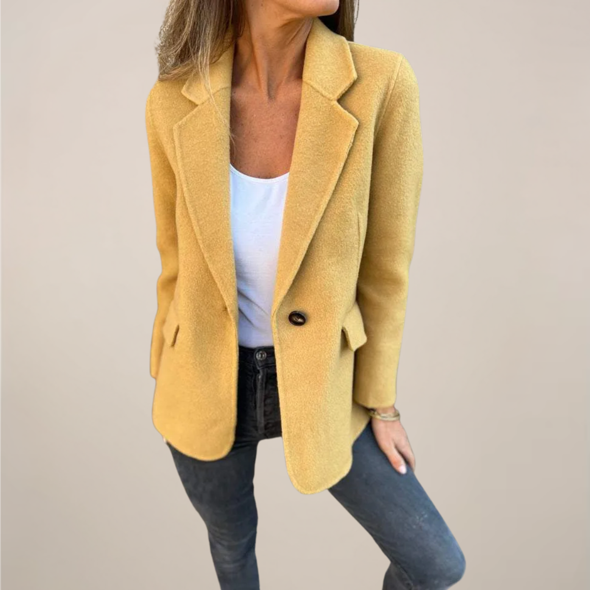 Women's tailored blazer jacket single button notch lapel flap pockets professional workwear