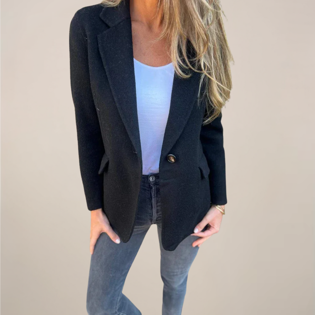 Women's tailored blazer jacket single button notch lapel flap pockets professional workwear