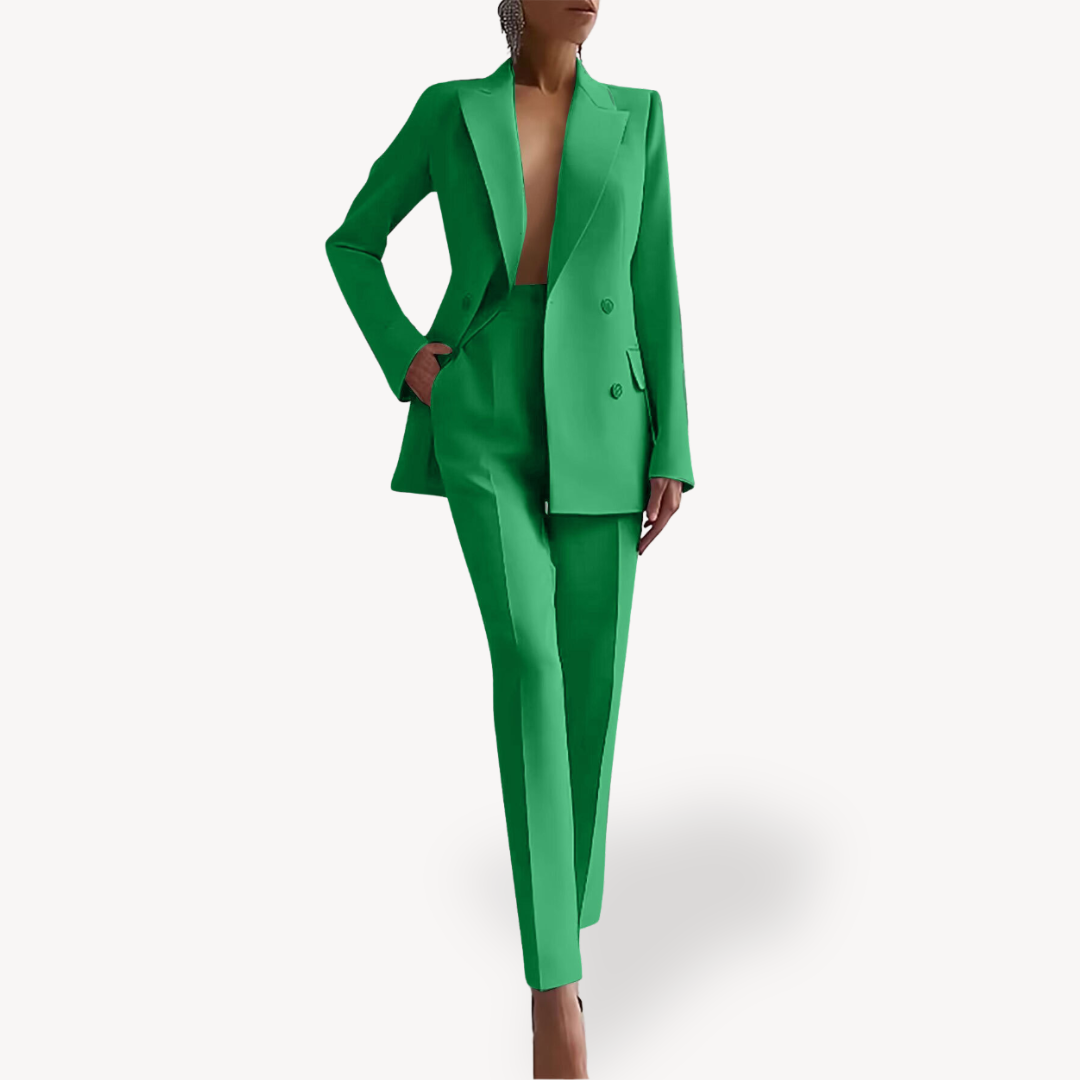 Women's formal tailored suit set with long double-breasted blazer and matching trousers, elegant office look