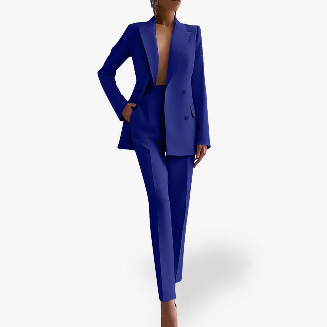 Women's formal tailored suit set, double-breasted long blazer with matching trousers, elegant office look