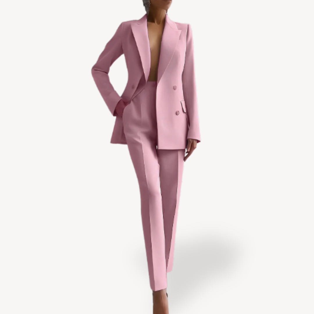 Women's formal tailored suit set, double-breasted long blazer with matching trousers, sleek professional look