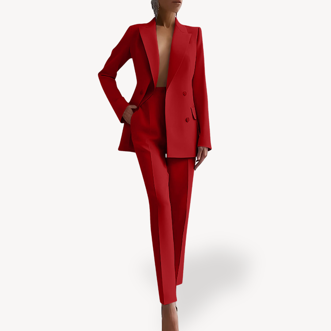Women's formal tailored suit set, double-breasted long blazer with matching trousers, elegant office-ready look