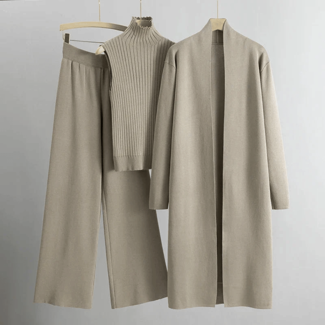 Women's 3-piece ribbed knit lounge set, high-neck top, wide-leg trousers, longline cardigan