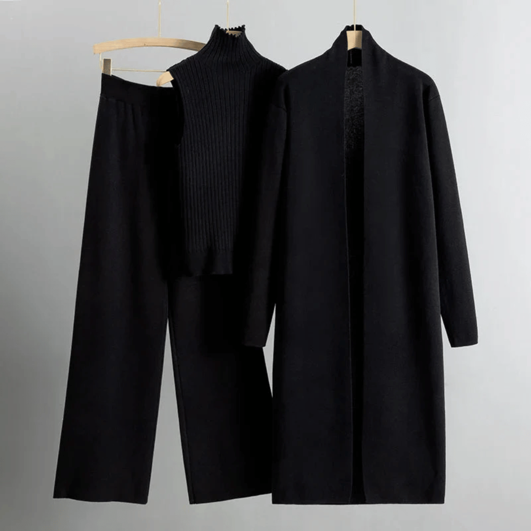 Women's three-piece ribbed knit lounge set with wide-leg trousers and longline cardigan for effortless style