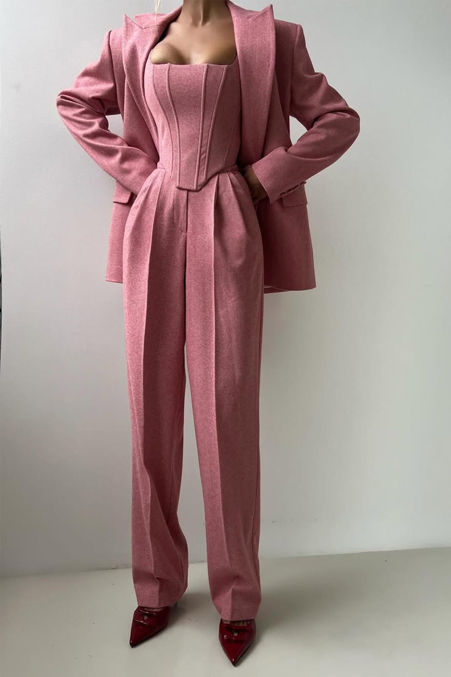 Women's 3-piece trouser suit double-breasted blazer corset top wide-leg trousers professional style